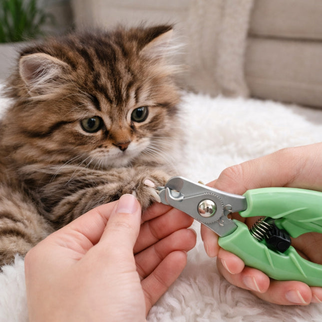 Person trimming a kitten's nails with green nail clippers on a white blanket.