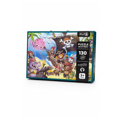 Pirate-themed puzzle packaging with colorful illustrations on a white background