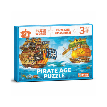 Pirate-themed puzzle box with two ships on a blue background