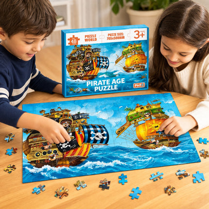 Two children playing with a pirate-themed puzzle on a wooden table.