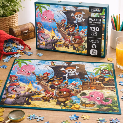 Pirate-themed puzzle with pieces scattered on a table, surrounded by a box and other items.