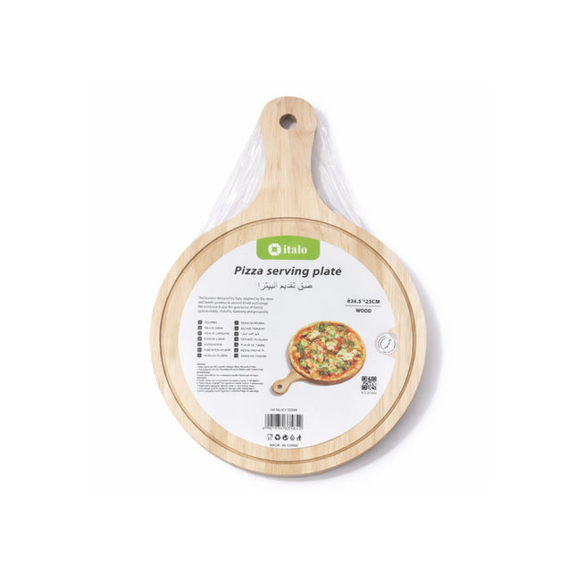Wooden pizza serving plate with a label on a white background