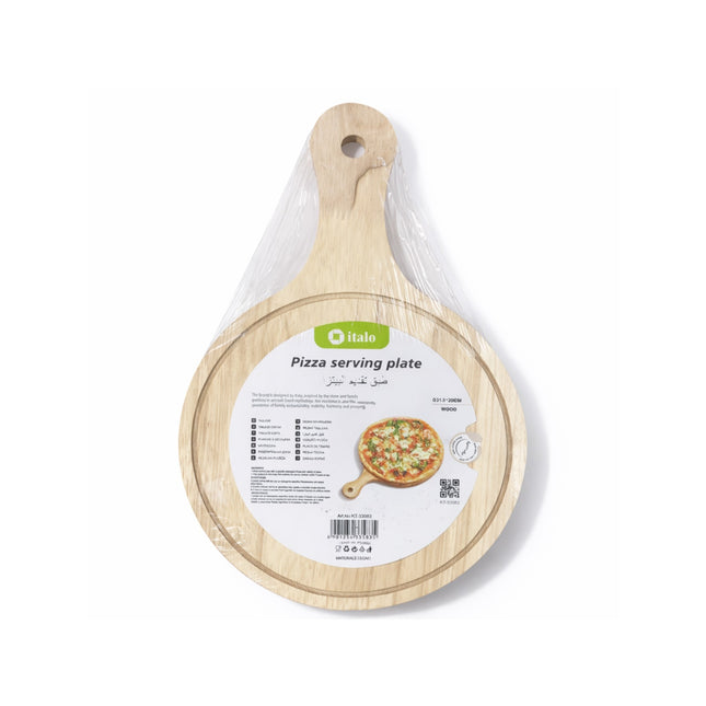 Wooden pizza serving plate with a label on a white background