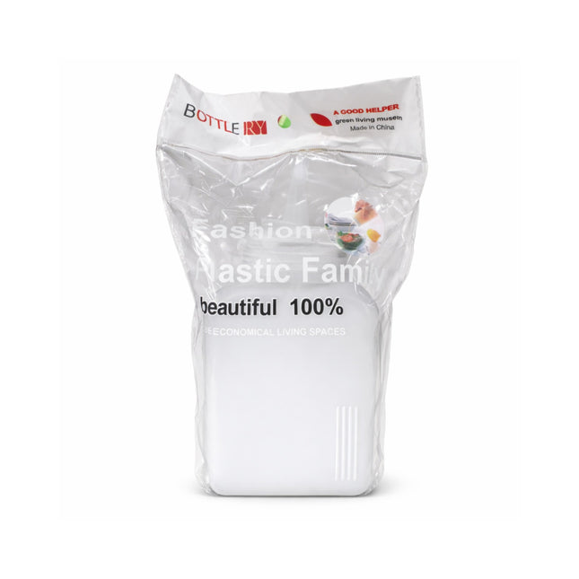 White plastic bag with text and branding on a white background
