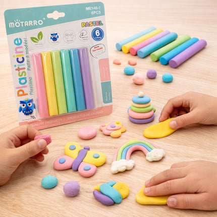 Children playing with colorful plasticine on a wooden surface, with Motarro packaging visible.