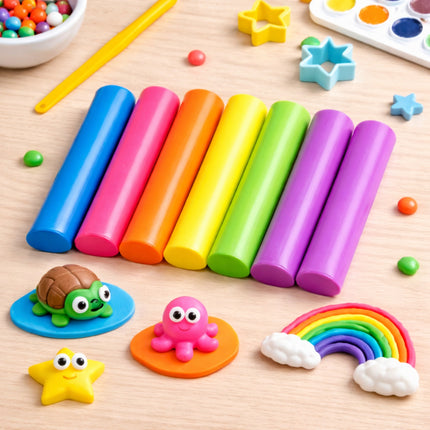 Set of colorful modeling clay sticks on a wooden surface with small sculptures and tools.