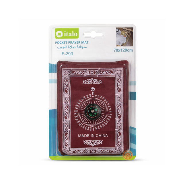 Red pocket prayer mat with intricate design on packaging, featuring the brand 'italo'.