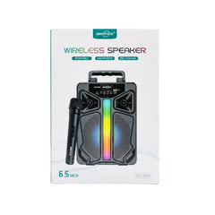 Wireless speaker packaging with microphone on a white background