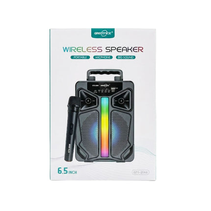 Wireless speaker packaging with microphone on a white background