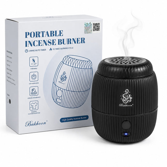 A black portable incense burner with a ribbed cylindrical body and a small blue indicator light, shown next to its white retail box. The box is labeled 'PORTABLE INCENSE BURNER' and features the brand name 'Bukhoon'.