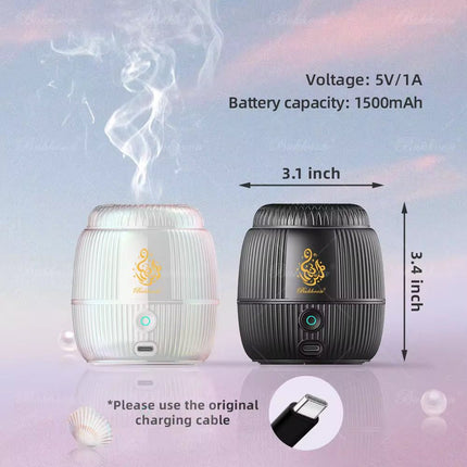 Two diffusers, one white and one black, with dimensions and charging cable information on a gradient background.