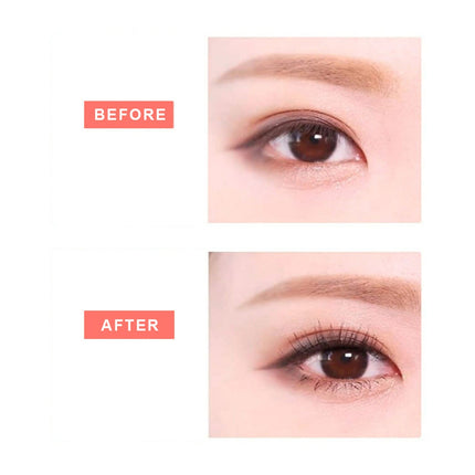Before and after comparison of an eye with makeup application.