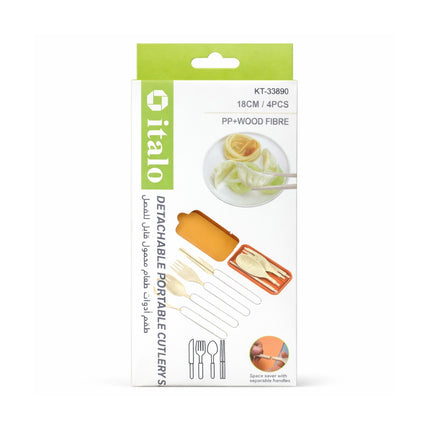 Packaging of italo detachable portable cutlery set with green top and white body.