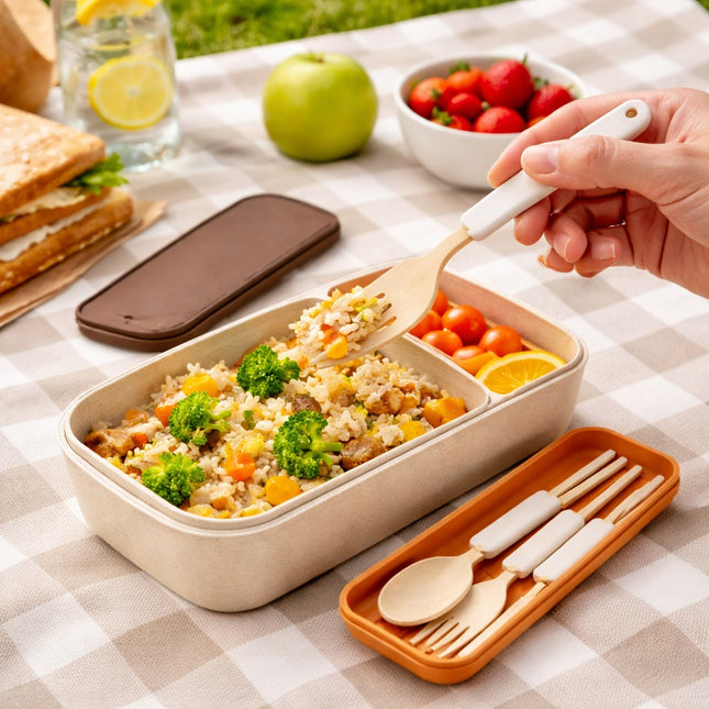 Bento box with rice and vegetables on a picnic blanket with cut fruits and sandwiches.