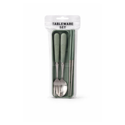 Set of cutlery with green handles in packaging labeled 'Tableware Set' on a white background