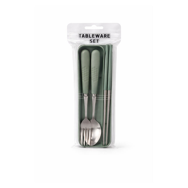 Set of cutlery with green handles in packaging labeled 'Tableware Set' on a white background