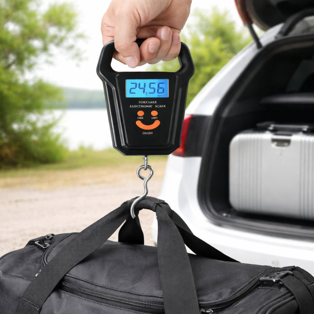 Digital luggage scale being used to measure a bag with a car in the background