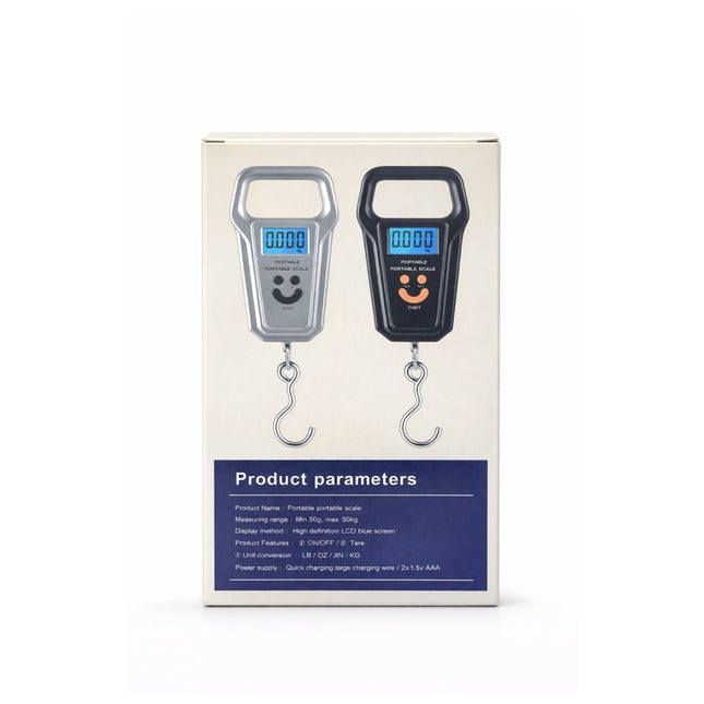 Packaging of two digital hanging scales with product parameters on a white background