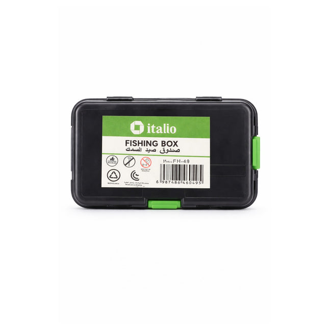 Black fishing box with green accents and 'italio' branding on a white background