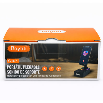Box of Buytiti G107 portable folding support with smartphone on a white background