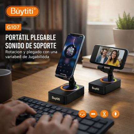 Two portable folding phone stands on a desk with a person using a keyboard, featuring the Buytiti brand.