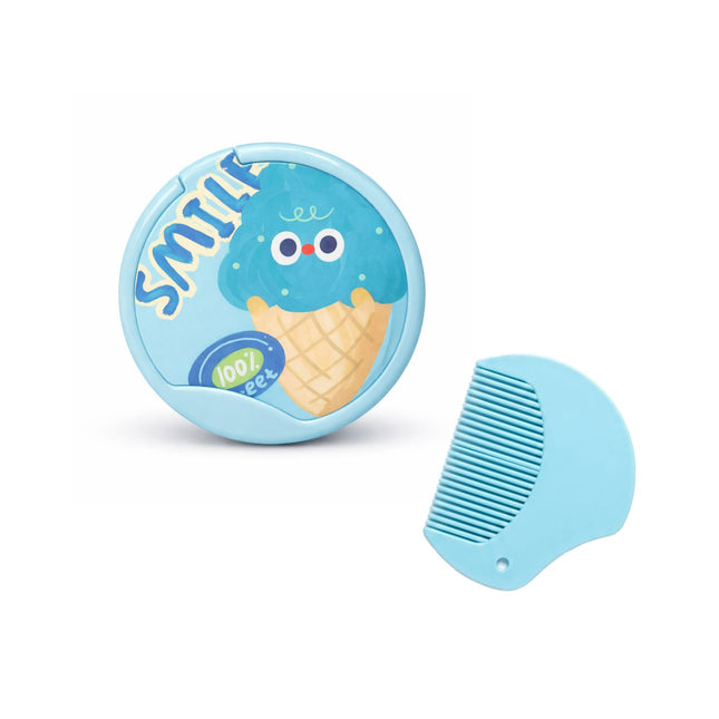 Blue children's hair care set with a round container and comb on a white background