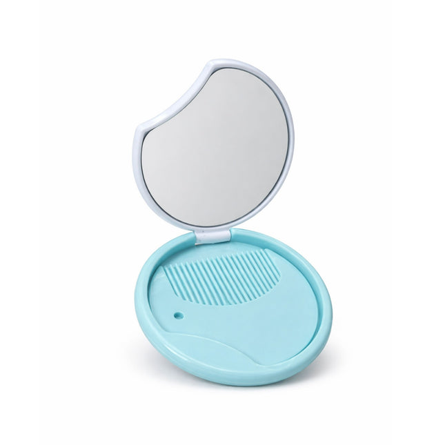 Compact mirror with a light blue case on a white background
