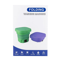 Green and purple folding washing machine on a white background with text and icons.