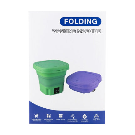 Green and purple folding washing machine on a white background with text and icons.