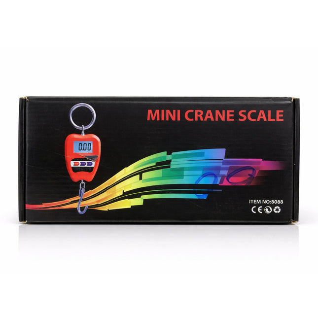 Box of a mini crane scale with colorful design on a white background