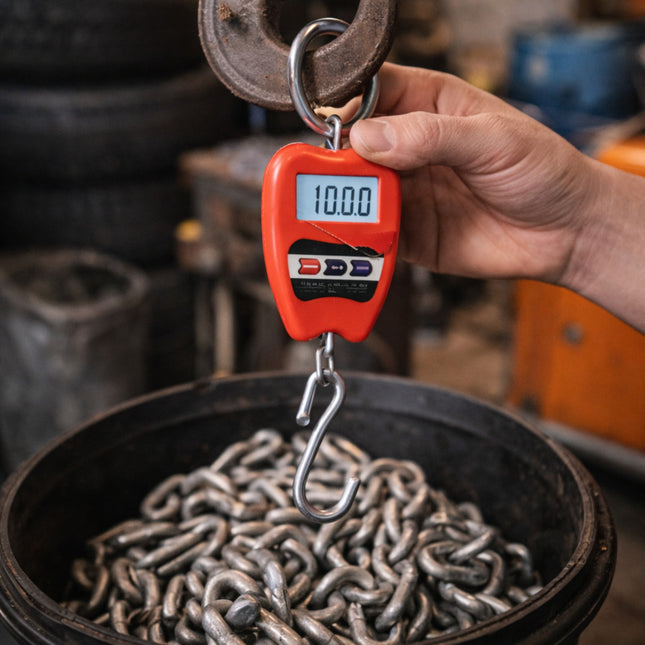 Hand holding a digital hanging scale with chains on a blurred background