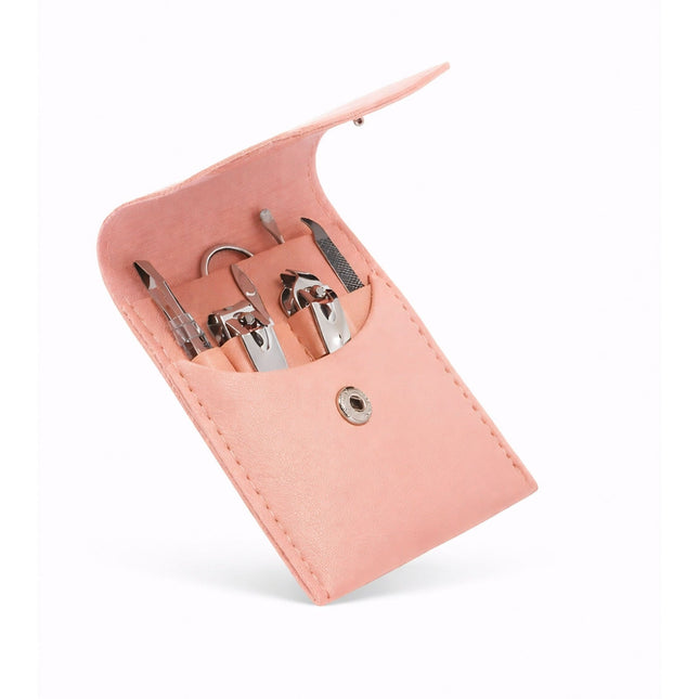 Manicure set with tools in a pink case on a white background