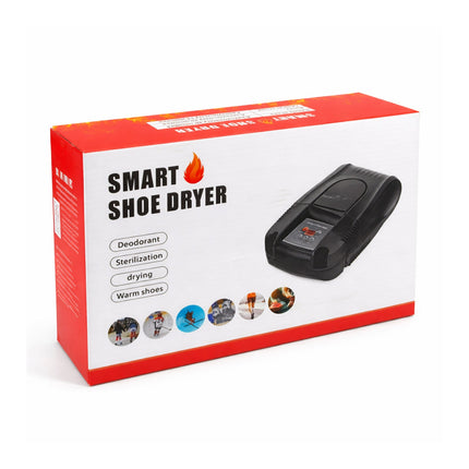 Box of a smart shoe dryer with images and text on a white background