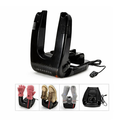 Black shoe dryer with inset images of its use on gloves, shoes, socks, and a car seat.