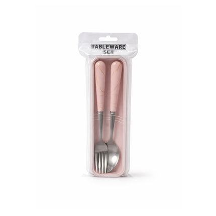 Packaged tableware set with pink handles on a white background