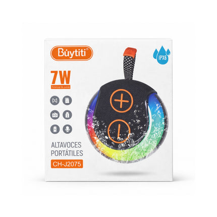 Box of Buytiti portable speakers with colorful design and branding on a white background
