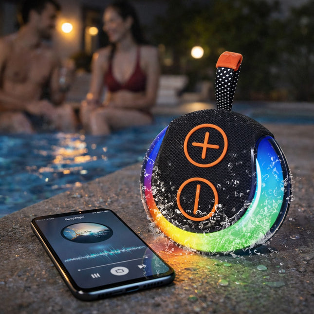 Colorful Bluetooth speaker with smartphone displaying music app near a poolside setting.