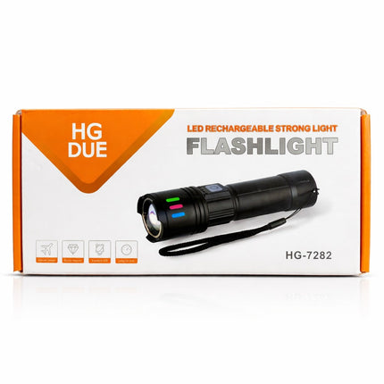 Box of HG DUE LED rechargeable flashlight on a white background