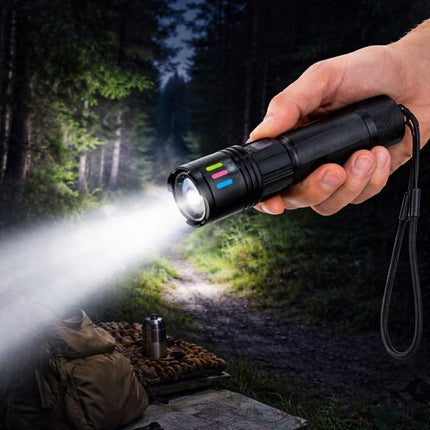 Hand holding a flashlight in a forest setting with a camping scene.