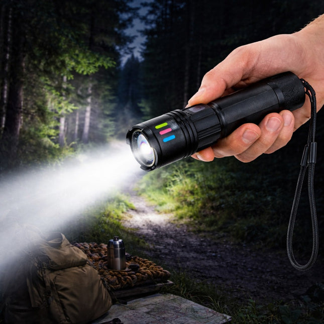 Hand holding a flashlight in a forest setting with a camping scene.