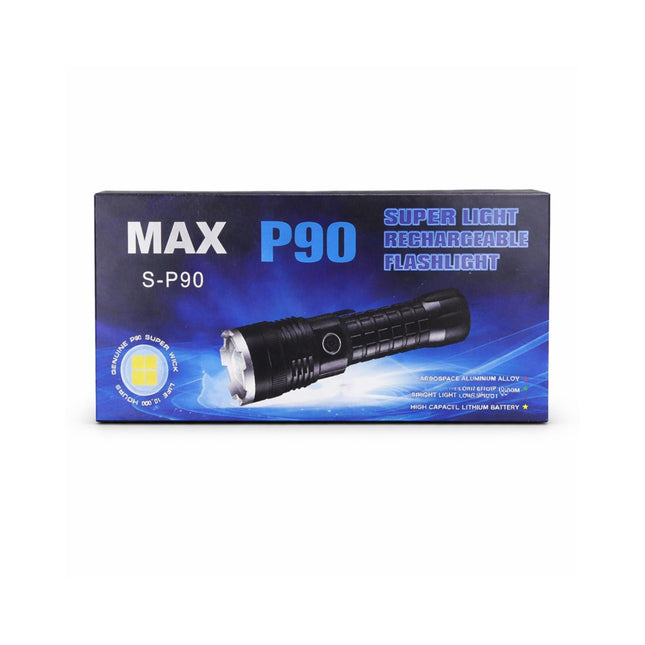 Box of MAX P90 rechargeable flashlight on a white background