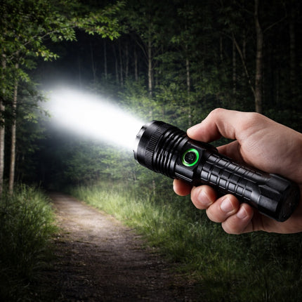 Hand holding a flashlight in a dark forest