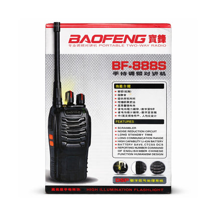 Baofeng BF-888S two-way radio packaging with product image and features on a white background