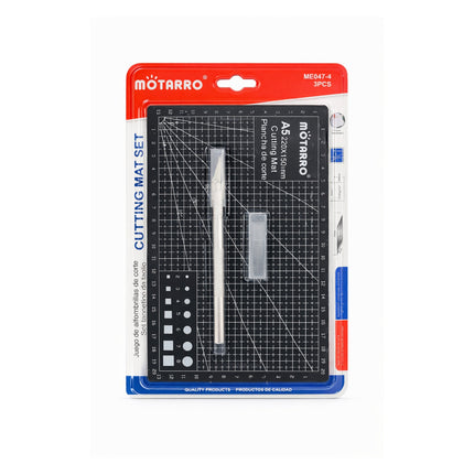 Motarro cutting mat set with ruler and knife in packaging on a white background