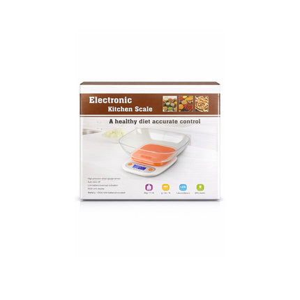 Box of an electronic kitchen scale on a white background