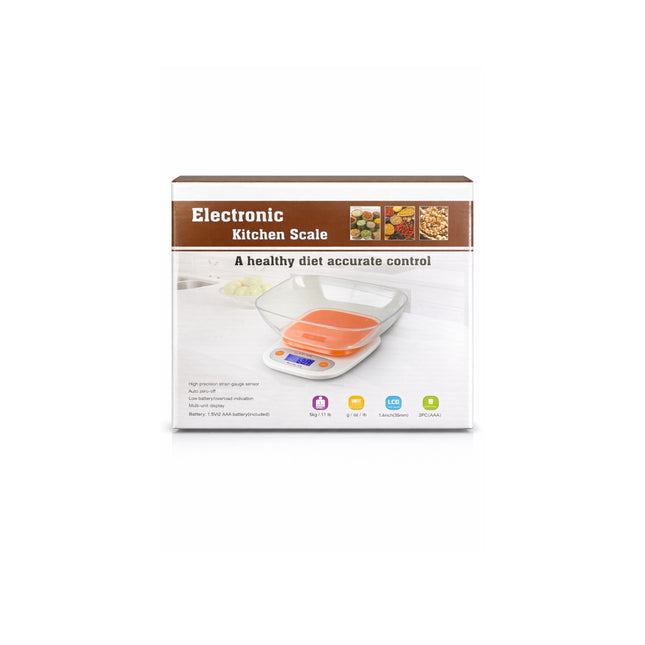 Box of an electronic kitchen scale on a white background