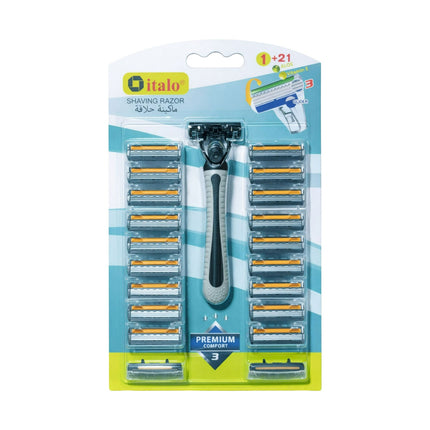 Italo shaving razor set with multiple razor heads in packaging on a white background