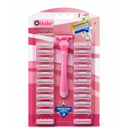 Pink shaving razor set with multiple cartridges in a clear packaging on a white background