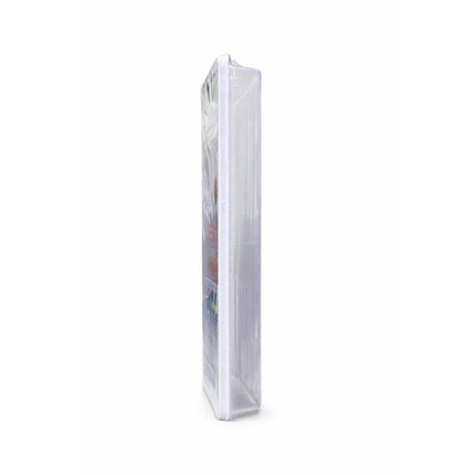 Clear plastic stand with a product inside on a white background