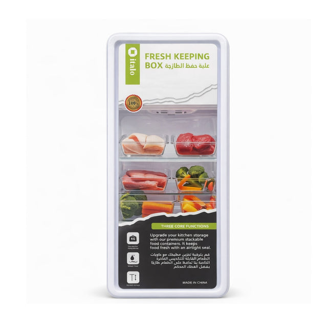 Packaging of a fresh keeping box with food items displayed on a white background